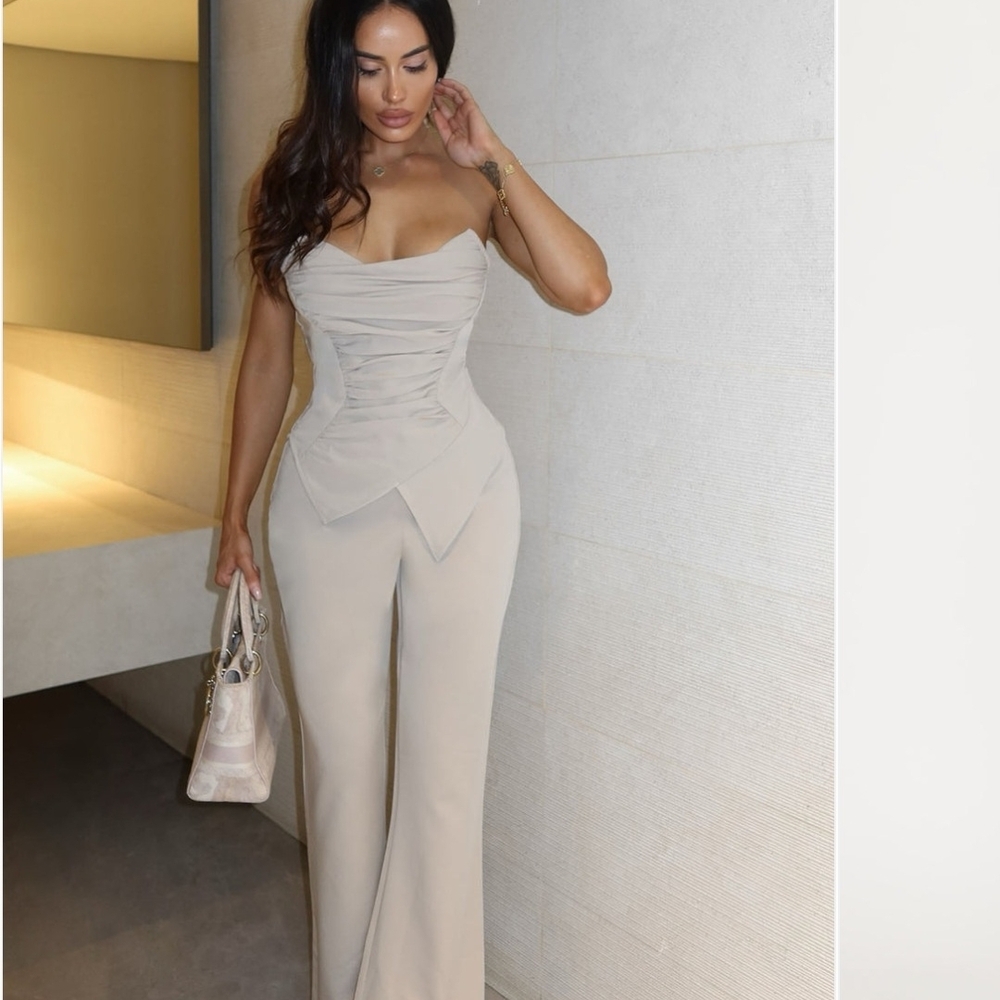 Fashion Nova Beige Strapless Wide-Leg Jumpsuit with Corset Detail